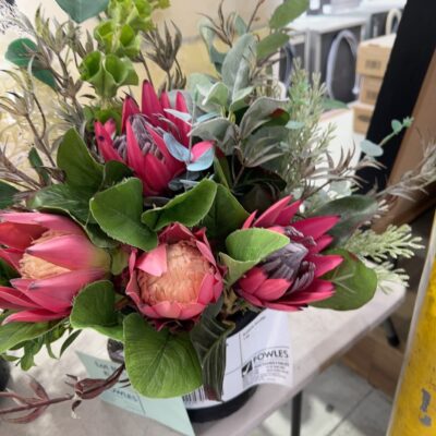 EX STAGING, FAUX FLOWER ARRANGEMENT IN PLANT POT, SOLD AS IS