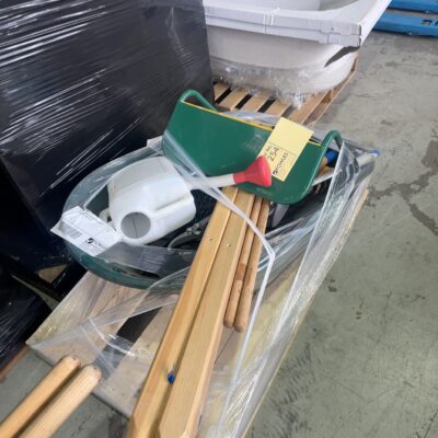PALLET OF ASSORTED GARDEN TOOLS WITH A WHEELBARROW , SOLD AS IS PALLET OF ASSORTED GARDEN TOOLS WITH A WHEELBARROW , SOLD AS IS