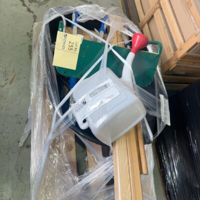 PALLET OF ASSORTED GARDEN TOOLS WITH A WHEELBARROW , SOLD AS IS