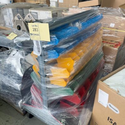 PALLET WITH MOBILE BOLT STORAGE UNIT, METAL FRAME ON CASTORS WITH PLASTIC BINS, SOLD AS IS