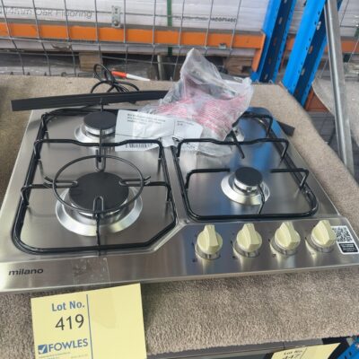 NEW MILANO 600MM S/STEEL GAS COOKTOP WITH ENAMEL TRIVETS, WITH 3 MONTH WARRANTY, 538.01.871