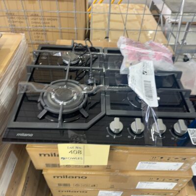 NEW MILANO 600MM BLACK GLASS GAS COOKTOP, 4 BURNER WITH WOK WITH 3 MONTH WARRANTY 538.01.651