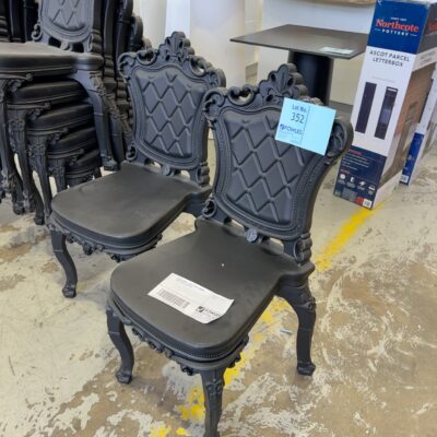 EX EVENT HIRE - BLACK ACRYLIC ORNATE DINNG CHAIR, SOLD AS IS