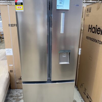NEW HAIER FRENCH DOOR FRIDGE WITH WATER, S/STEEL 489 LITRE, WITH MY ZONE ADJUSTABLE TEMPERATURE DRAWER WITH 3 SETTINGS, SUPER FREEZE FUNCTION, 4.5 STAR ENERGY, 790MM WIDE, RRP$1299, WITH 3 MONTH RETURN TO FOWLES REPLACEMENT ONLY WARRANTY