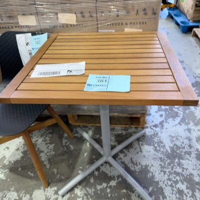 SMALL SQUARE TIMBER TABLE, SOLD AS IS