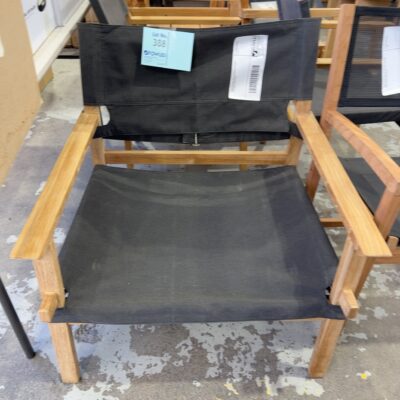 TIMBER FRAMED BLACK MATERIAL OUTDOOR LOW CHAIR, SOLD AS IS TIMBER FRAMED BLACK MATERIAL OUTDOOR LOW CHAIR, SOLD AS IS