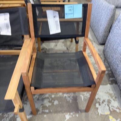 TIMBER FRAMED BLACK MATERIAL OUTDOOR DINING CHAIR, SOLD AS IS