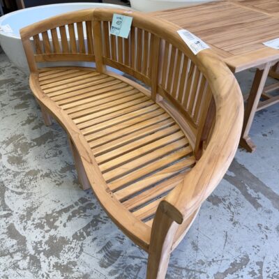 EX DISPLAY PLANTATION TEAK CURVED GARDEN BENCH SEAT, SOME MARKS & IMPERFECTIONS, SOLD AS IS RRP$1290