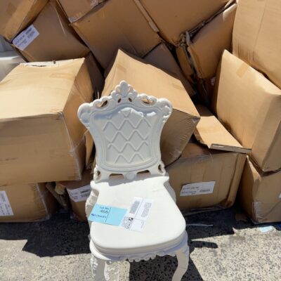 EX EVENT HIRE - LARGE LOT OF WHITE ORNATE ACRYLIC DINING CHAIR, APPROX 50 BOXES OF 2 CHAIRS PER BOX, APPROX TOTAL 100, SCREWS SUPPLIED FOR MOST BUT NOT ALL, SOLD AS IS