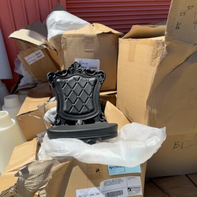 EX EVENT HIRE - LARGE LOT OF BLACK ORNATE ACRYLIC DINING CHAIR, APPROX 36 BOXES OF 2 CHAIRS PER BOX, APPROX TOTAL 72, NO SCREWS SUPPLIED, SOLD AS IS