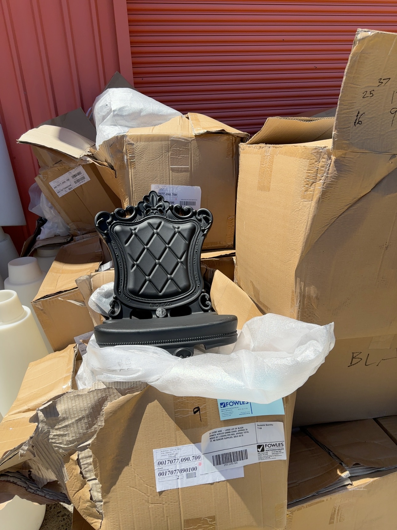 EX EVENT HIRE - LARGE LOT OF BLACK ORNATE ACRYLIC DINING CHAIR, APPROX 36 BOXES OF 2 CHAIRS PER BOX, APPROX TOTAL 72, NO SCREWS SUPPLIED, SOLD AS IS EX EVENT HIRE - LARGE LOT OF BLACK ORNATE ACRYLIC DINING CHAIR, APPROX 36 BOXES OF 2 CHAIRS PER BOX, APPROX TOTAL 72, NO SCREWS SUPPLIED, SOLD AS IS