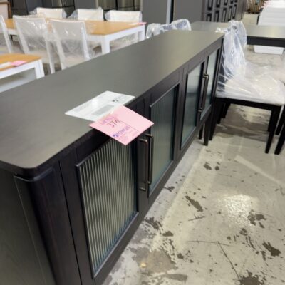 EX DISPLAY KENNEDY BLACK OAK VENEER 1800MM BUFFET, SOLID LEGS, WITH FLUTED GLASS DOORS, SOLD AS IS EX DISPLAY KENNEDY BLACK OAK VENEER 1800MM BUFFET, SOLID LEGS, WITH FLUTED GLASS DOORS, SOLD AS IS