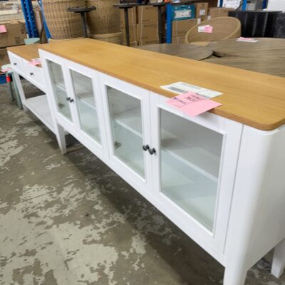 EX DISPLAY SORRENTO WHITE OAK VENEER 1800MM BUFFET, OAK NATURAL FINISH TOP, SOLID LEGS, WITH GLASS DOORS SOLD AS IS EX DISPLAY SORRENTO WHITE OAK VENEER 1800MM BUFFET, OAK NATURAL FINISH TOP, SOLID LEGS, WITH GLASS DOORS SOLD AS IS