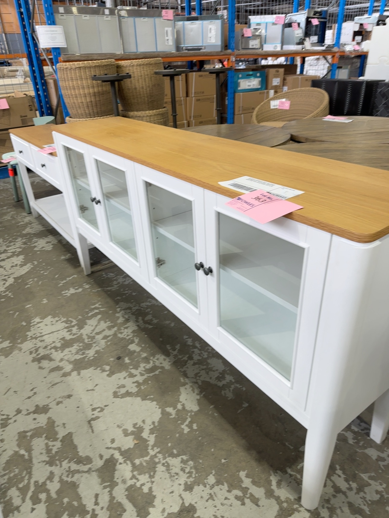 EX DISPLAY SORRENTO WHITE OAK VENEER 1800MM BUFFET, OAK NATURAL FINISH TOP, SOLID LEGS, WITH GLASS DOORS SOLD AS IS EX DISPLAY SORRENTO WHITE OAK VENEER 1800MM BUFFET, OAK NATURAL FINISH TOP, SOLID LEGS, WITH GLASS DOORS SOLD AS IS