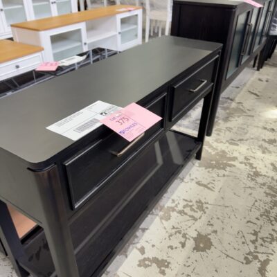 EX DISPLAY KENNEDY BLACK OAK VENEER 1200MM CONSOLE TABLE, SOLID LEGS, WITH DRAWERS, SOLD AS IS EX DISPLAY KENNEDY BLACK OAK VENEER 1200MM CONSOLE TABLE, SOLID LEGS, WITH DRAWERS, SOLD AS IS