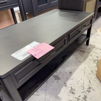 EX DISPLAY KENNEDY BLACK OAK VENEER 1200MM COFFEE TABLE, SOLID LEGS, WITH DRAWERS, SOLD AS IS