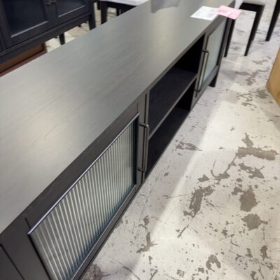 EX DISPLAY KENNEDY BLACK OAK VENEER 1800MM ENTERTAINMENT UNIT, CENTRAL OPEN SHELVES, FLUTED GLASS DOOR EACH END, SOLD AS IS EX DISPLAY KENNEDY BLACK OAK VENEER 1800MM ENTERTAINMENT UNIT, CENTRAL OPEN SHELVES, FLUTED GLASS DOOR EACH END, SOLD AS IS