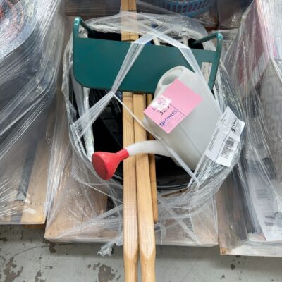 PALLET OF ASSORTED GARDENING PACK - WHEELBARROW, RAKES & WATERING CAN SOLD AS IS PALLET OF ASSORTED GARDENING PACK - WHEELBARROW, RAKES & WATERING CAN SOLD AS IS