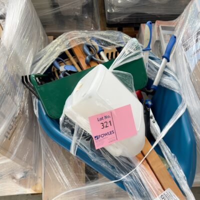 PALLET OF ASSORTED GARDENING PACK - WHEELBARROW, RAKES & WATERING CAN SOLD AS IS