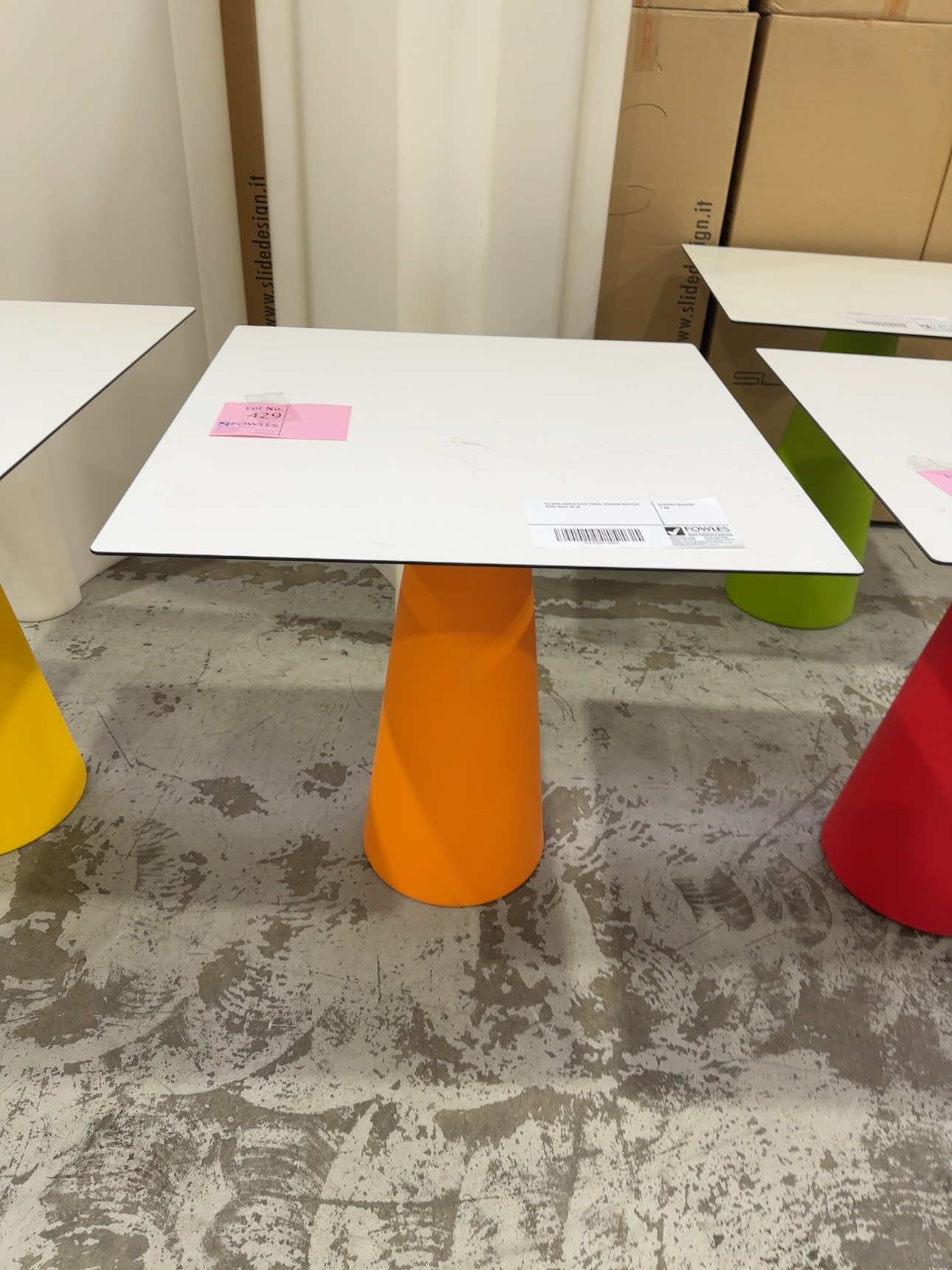 EX HIRE HOPLA CAFE TABLE, ORANGE ACRYLIC BASE SOLD AS IS EX HIRE HOPLA CAFE TABLE, ORANGE ACRYLIC BASE SOLD AS IS