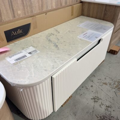 NEW AULIC PETRA MARK II 1200MM TIMBER WALL HUNG VANITY, MATTE WHITE CURVE V GROOVE VANITY, WITH SOLID STONE TOP RRP$2065 NEW AULIC PETRA MARK II 1200MM TIMBER WALL HUNG VANITY, MATTE WHITE CURVE V GROOVE VANITY, WITH SOLID STONE TOP RRP$2065