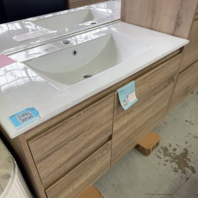 NEW AULIC 900MM GRACE WALL HUNG TIMBER LAMINATE FINGER PULL CABINET WITH CRYSTAL CERAMIC TOP, DRAWERS LEFT, CAWH05-900L & CT28-900 RRP$965