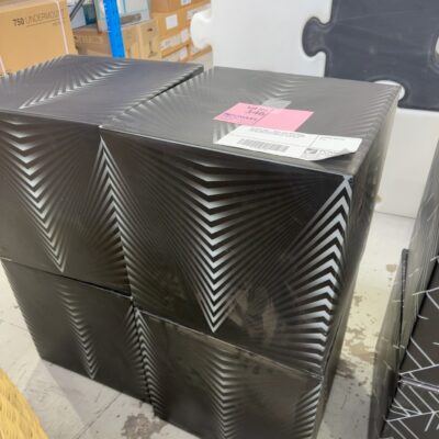 EX EVENT HIRE - WHITE CUBE WITH BLACK DECAL, CAN BE STACKED FOR A WALL, USED FOR SEATING, CAN LIGHT UP, SOLD AS IS
