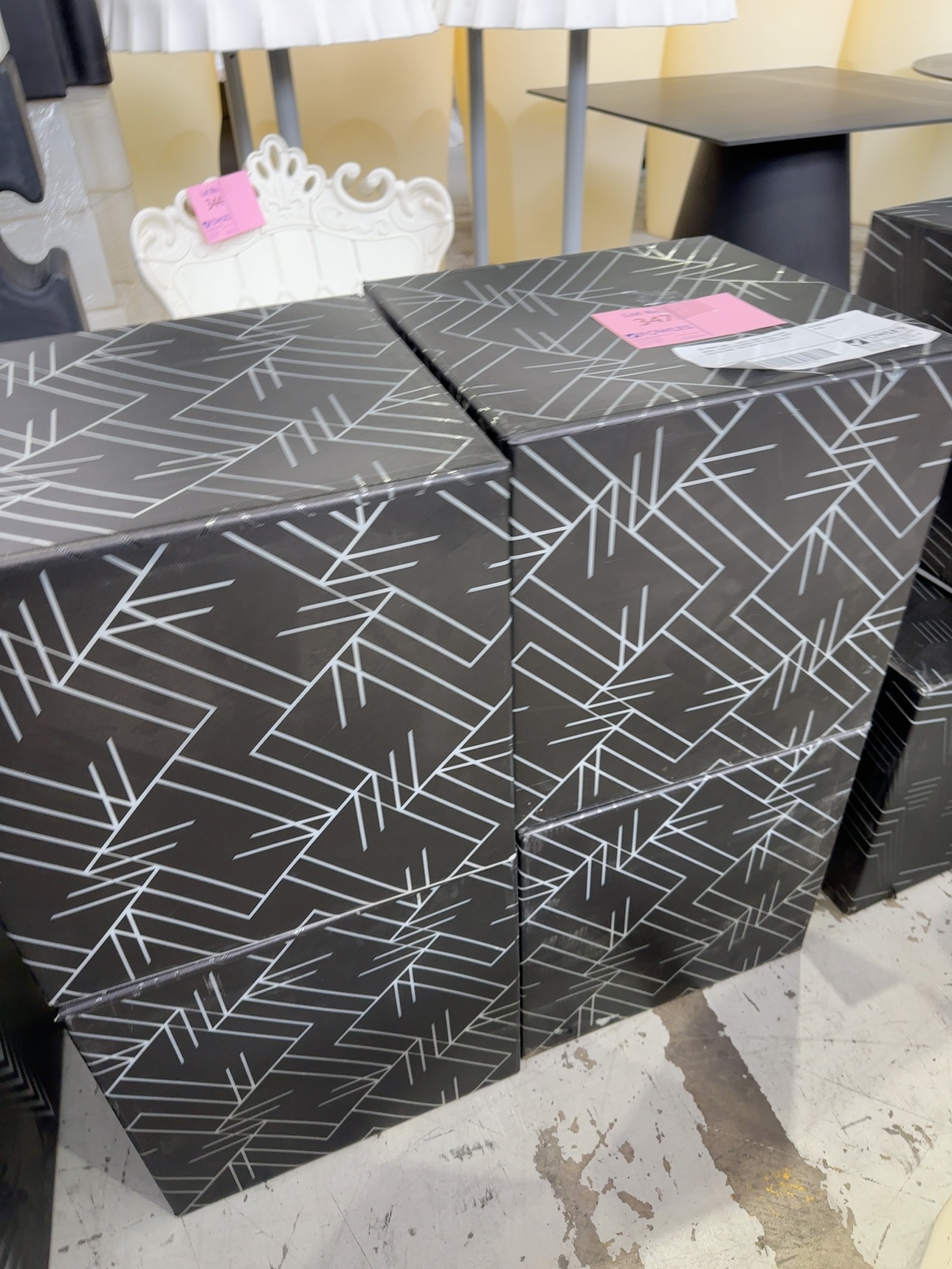 EX EVENT HIRE - WHITE CUBE WITH BLACK DECAL, CAN BE STACKED FOR A WALL, USED FOR SEATING, CAN LIGHT UP, SOLD AS IS EX EVENT HIRE - WHITE CUBE WITH BLACK DECAL, CAN BE STACKED FOR A WALL, USED FOR SEATING, CAN LIGHT UP, SOLD AS IS