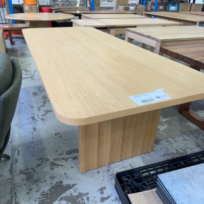 EX DISPLAY BOND 2500MM AMERICAN OAK DINING TABLE, FLUTED LEGS, SOLD AS IS **SOME DAMAGE UNDERNEATH TABLE WHERE LEGS CONNECT**
