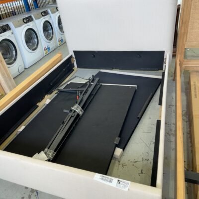 EX DISPLAY WICK QUEEN BEDFRAME, ALMOND FABRIC - GASLIFT FRAME SUPPLIED BUT IS DAMAGED - USE AS BEDFRAME ONLY. SOLD AS IS