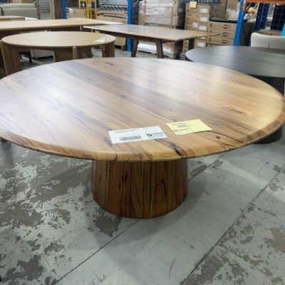 EX DISPLAY JINDALEE 1600MM ROUND MARRI TIMBER DINING TABLE WITH CENTRAL PEDESTAL, SOLD AS IS EX DISPLAY JINDALEE 1600MM ROUND MARRI TIMBER DINING TABLE WITH CENTRAL PEDESTAL, SOLD AS IS