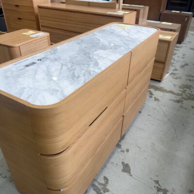 EX DISPLAY LEONARD CURVED AMERICAN OAK DRESSER WITH MARBLE TOP, SOLD AS IS