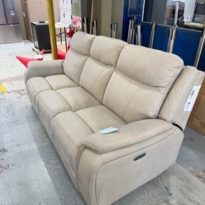EX DISPLAY MASON SOFA, 3 SEATER WITH ELECTRIC RECLINERS, POWER HEAD, HAZE FABRIC, SOLD AS IS