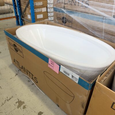 NEW ATLANTIS 1500MM FREESTANDING BATH, SUPER THIN EDGE, HIGH GLOSS WHITE, STEEL FRAME & ADJUSTABLE FEET, CENTRE WASTE