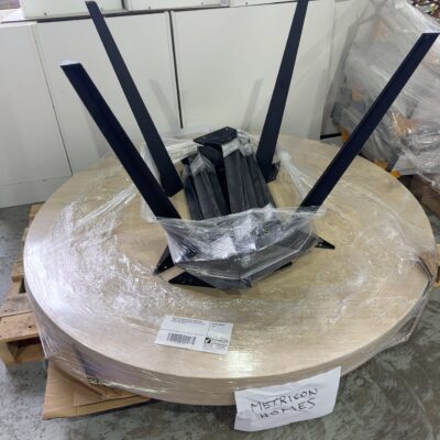 PALLET OF ROUND MEETING TABLES WITH TABLE LEGS UNATTACHED BUT ON TOP OF THE PALLET, SOLD AS IS