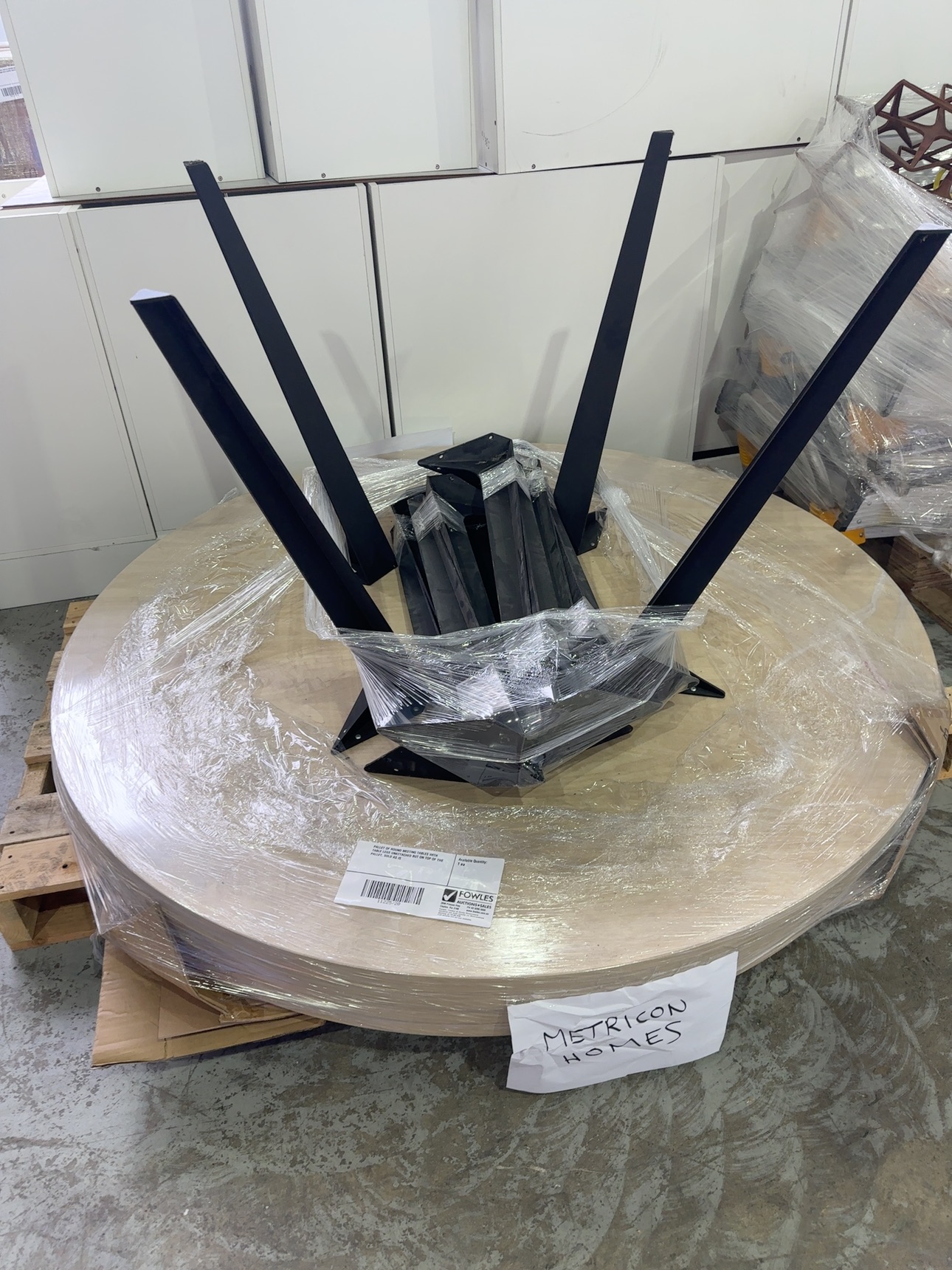 PALLET OF ROUND MEETING TABLES WITH TABLE LEGS UNATTACHED BUT ON TOP OF THE PALLET, SOLD AS IS PALLET OF ROUND MEETING TABLES WITH TABLE LEGS UNATTACHED BUT ON TOP OF THE PALLET, SOLD AS IS