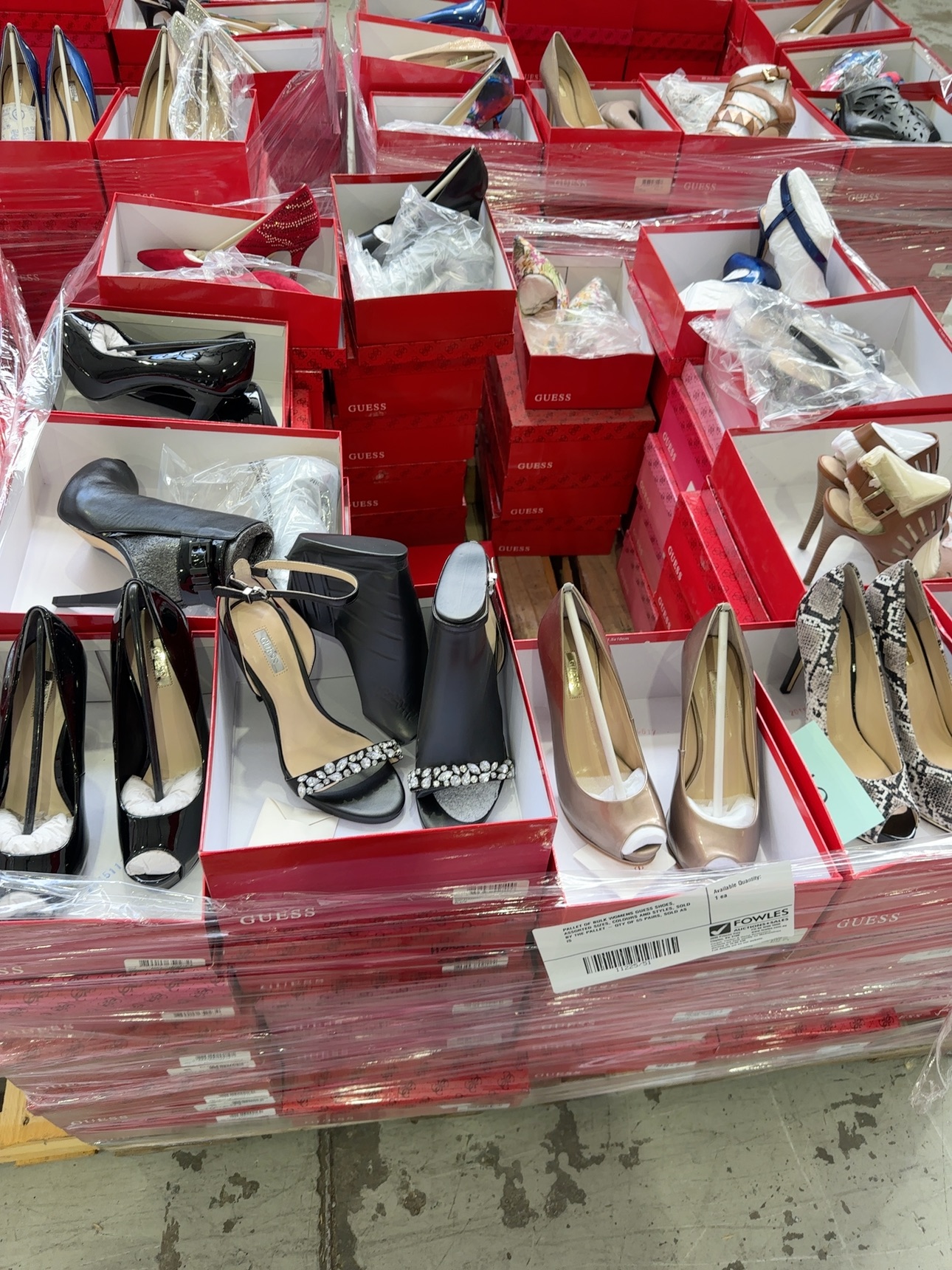 PALLET OF BULK WOMENS GUESS SHOES, ASSORTED SIZES, COLOURS AND STYLES, SOLD BY THE PALLET - QTY OF 65 PAIRS, SOLD AS IS PALLET OF BULK WOMENS GUESS SHOES, ASSORTED SIZES, COLOURS AND STYLES, SOLD BY THE PALLET - QTY OF 65 PAIRS, SOLD AS IS