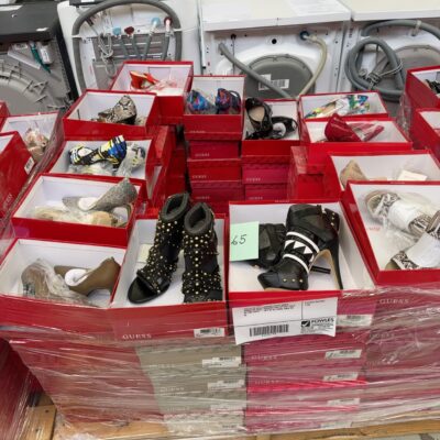 PALLET OF BULK WOMENS GUESS SHOES, ASSORTED SIZES, COLOURS AND STYLES, SOLD BY THE PALLET - QTY OF 65 PAIRS, SOLD AS IS