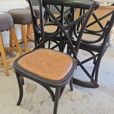EX STAGING - BLACK CROSS BACK DINING CHAIR WITH TAN WOVEN SEAT SOLD AS IS EX STAGING - BLACK CROSS BACK DINING CHAIR WITH TAN WOVEN SEAT SOLD AS IS