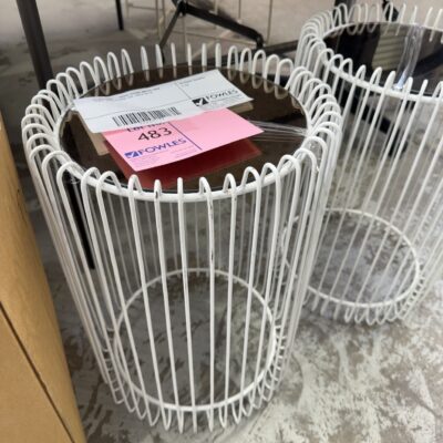 EX STAGING - WHITE ROUND METAL SIDE TABLE WITH GLASS TOP, SOLD AS IS EX STAGING - WHITE ROUND METAL SIDE TABLE WITH GLASS TOP, SOLD AS IS