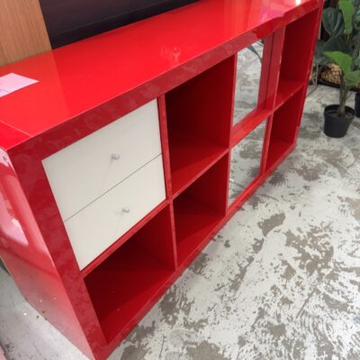 EX STAGING - RED GLOSS 8 CUBE SHELVING UNIT, SOLD AS IS