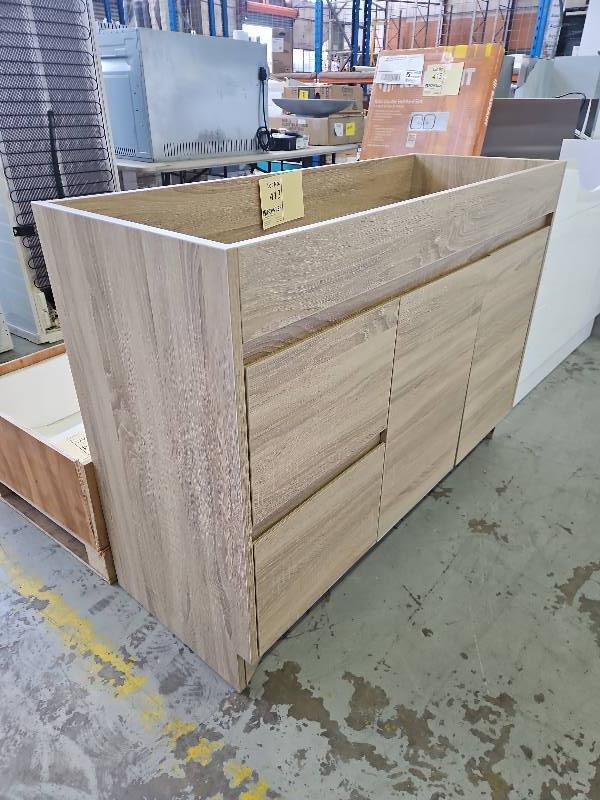 EX DISPLAY 1200MM LIGHT OAK LAMINATE VANITY BASE, NO TOP SUPPLIED, SOLD AS IS EX DISPLAY 1200MM LIGHT OAK LAMINATE VANITY BASE, NO TOP SUPPLIED, SOLD AS IS