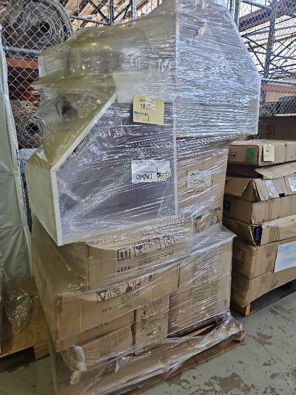 PALLET OF ASSORTED BATHROOM ITEMS, INCLUDES CORNER VANITY BASES, BASINS, SINKS, TOWEL BAR DISPLAY ETC, SOLD AS IS PALLET OF ASSORTED BATHROOM ITEMS, INCLUDES CORNER VANITY BASES, BASINS, SINKS, TOWEL BAR DISPLAY ETC, SOLD AS IS