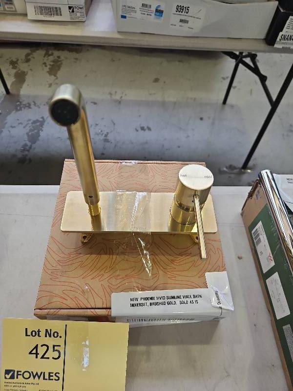 NEW PHOENIX VIVID SLIMLINE WALL BATH MIXERSET, BRUSHED GOLD, SOLD AS IS NEW PHOENIX VIVID SLIMLINE WALL BATH MIXERSET, BRUSHED GOLD, SOLD AS IS