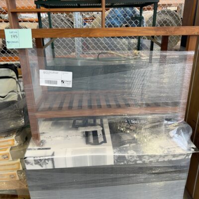 PALLET WITH 2 METAL & 1 TIMBER POTTING BENCHES, WITH LARGE SUN CAST STORAGE CHEST, SOLD AS IS PALLET WITH 2 METAL & 1 TIMBER POTTING BENCHES, WITH LARGE SUN CAST STORAGE CHEST, SOLD AS IS