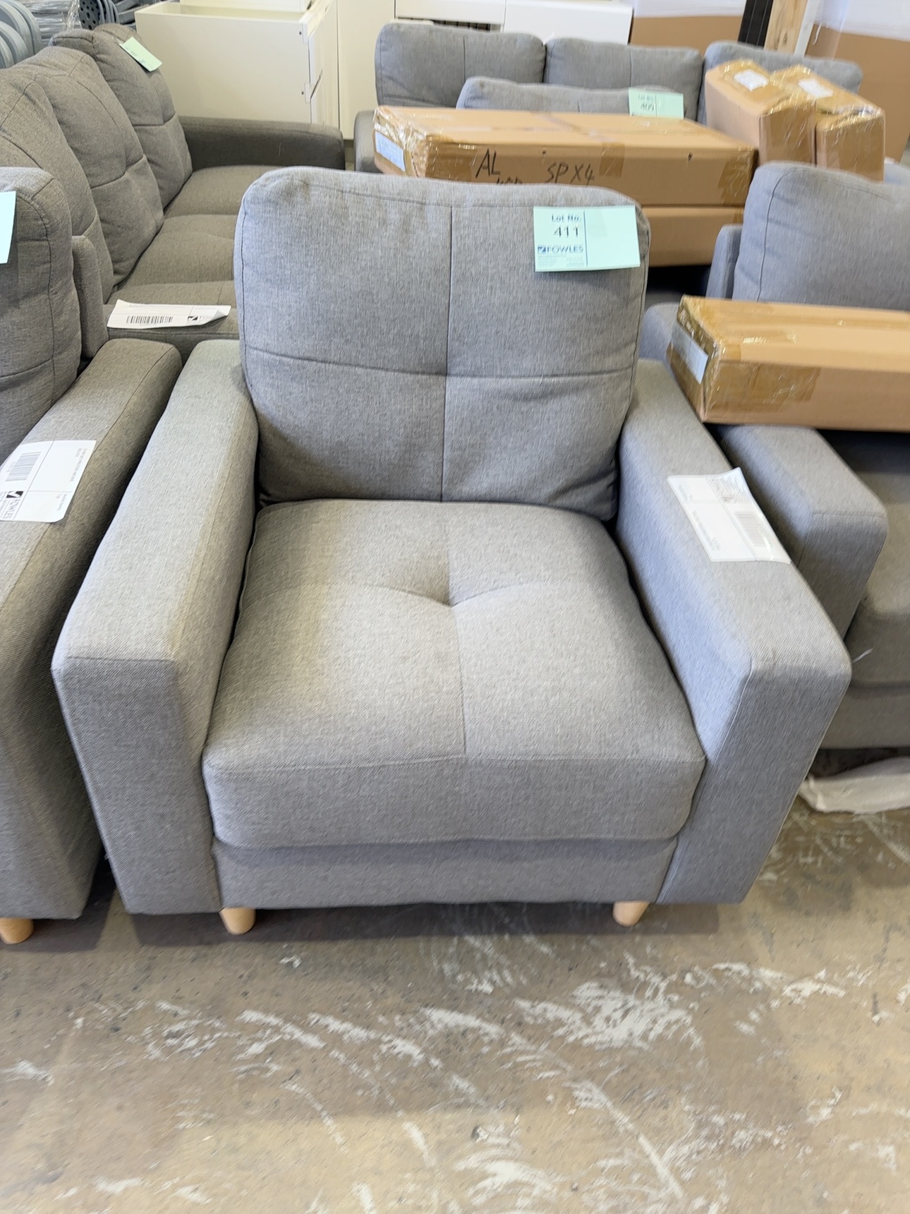 EX HIRE GREY UPHOLSTERED ARM CHAIR, SOLD AS IS EX HIRE GREY UPHOLSTERED ARM CHAIR, SOLD AS IS