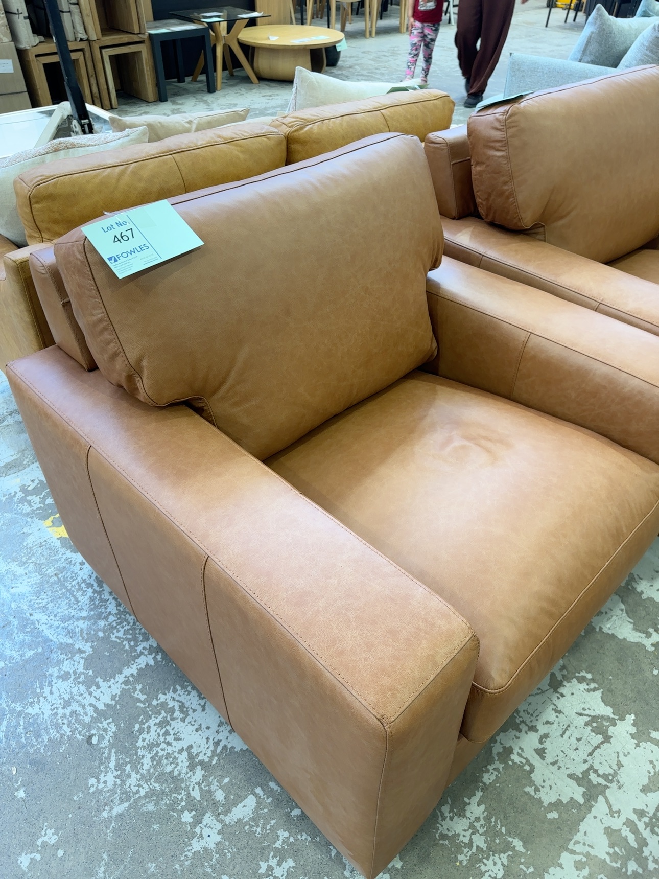 FURNITURE RETAILER CLOSURE - LUXE SOFAS TAN LEATHER ARMCHAIR RRP$1899 SOLD AS IS FURNITURE RETAILER CLOSURE - LUXE SOFAS TAN LEATHER ARMCHAIR RRP$1899 SOLD AS IS