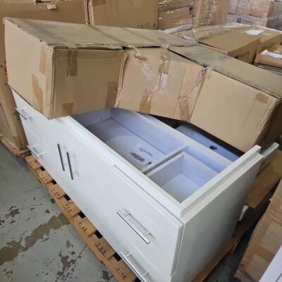 PALLET OF ASSORTED BATHROOM GOODS, INCLUDES 1200 CREAM GLOSS WALL HUNG VANITY BASE, ABOVE COUNTER VANITY BASINS ETC SOLD AS IS PALLET OF ASSORTED BATHROOM GOODS, INCLUDES 1200 CREAM GLOSS WALL HUNG VANITY BASE, ABOVE COUNTER VANITY BASINS ETC SOLD AS IS