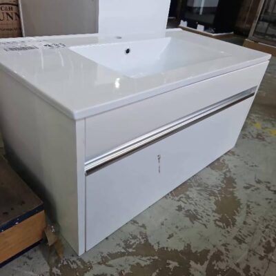 EX DISPLAY 900MM GLOSS WHITE WALL HUNG VANITY BASE WITH TOP, ***SCRATCH ON FRONT PANEL***, SOLD AS IS