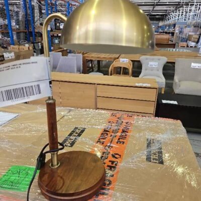 EX STAGING TIMBER AND BRUSHED BRASS DESK LAMP SOLD AS IS EX STAGING TIMBER AND BRUSHED BRASS DESK LAMP SOLD AS IS